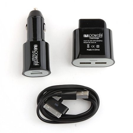 2-in-1 USA Standard Travel Charger Car Charge for iPad iPhone Smartphone -Black
