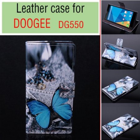 Fashion Painting Blue Butterfly Flip Cover Stand Case For Doogee DG550 Smartphone