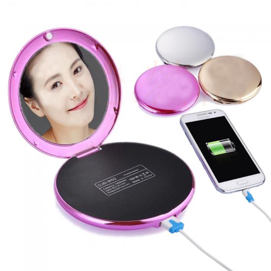 Fashion Lady Cosmetic Mirror 7000mAh USB External Power Bank for Smartphones Rosy