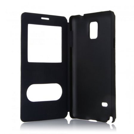 Leather View Flip Cover Stand Case for Samsung Note 4 Smartphone Black