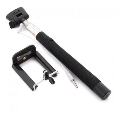MOWTO Z07-5S Cable Take Pole Wired Monopod Selfie Stick + Cell Phone Clip Holder Black