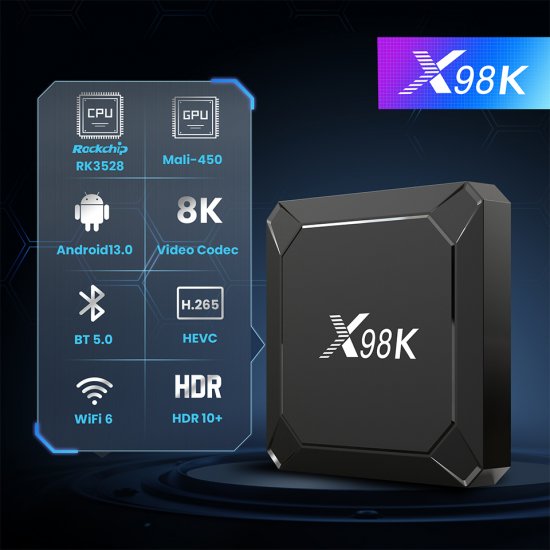 X98K Set Top Box Android 13.0 Rockchip RK3528 WiFi 6 BT5.0 HDK 10+ 8K HEVC 1000M Ethernet Multi-Language Android TVBOX