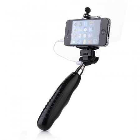 Portable Extendable Handheld Wired Monopod Selfie Stick with Built-in Shutter Black