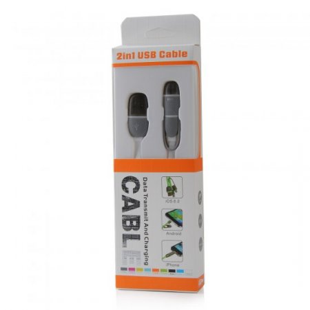2 in 1 USB Cable Data Transmit and Charging Cable for iPhone & Android White