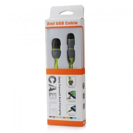 2 in 1 USB Cable Data Transmit and Charging Cable for iPhone & Android Green