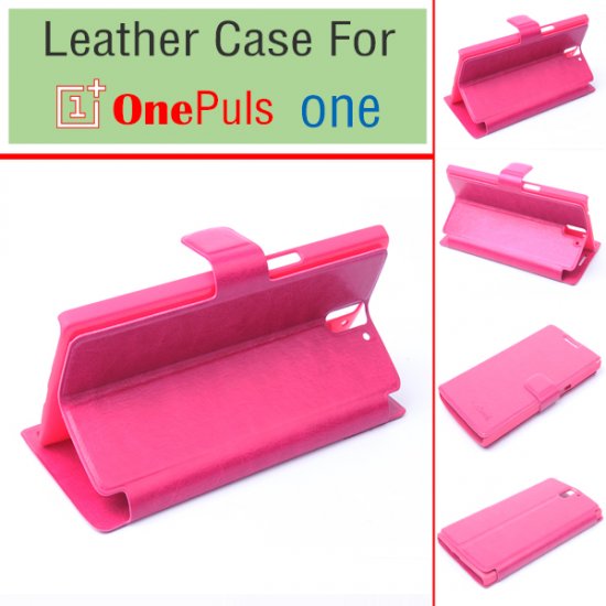 Leather Flip Cover Case Stand for Oneplus One Smartphone Pink