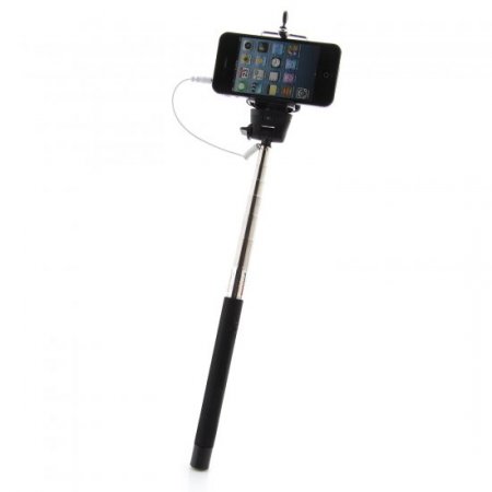 MOWTO Z07-5S Cable Take Pole Wired Monopod Selfie Stick + Cell Phone Clip Holder Black