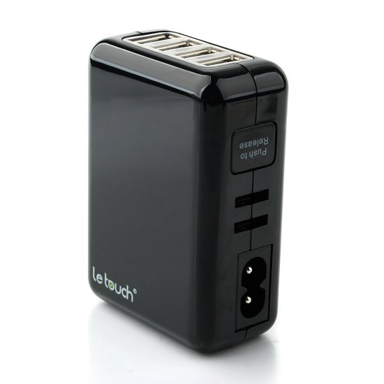 Le touch Power Bin Travel Charger 4 USB Port with Universal AC Plugs EU UK US AU- Black