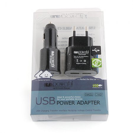 2-in-1 EU Plug European Standard Travel Charger Car Charge iPad iPhone Smartphone -Black