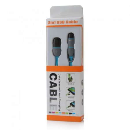 2 in 1 USB Cable Data Transmit and Charging Cable for iPhone & Android Blue