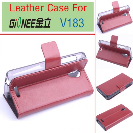 Leather Flip Cover Case Stand GIONEE V183 Smartphone Brown