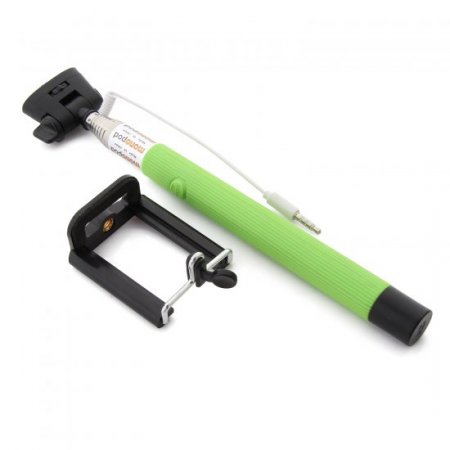 MOWTO Z07-5S Cable Take Pole Wired Monopod Selfie Stick + Cell Phone Clip Holder Green