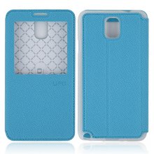 Premium Transparent Window Flip Cover Leather Case for SAM Note 3/N9000 Blue
