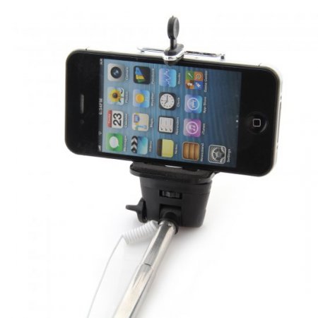 MOWTO Z07-5S Cable Take Pole Wired Monopod Selfie Stick + Cell Phone Clip Holder Black