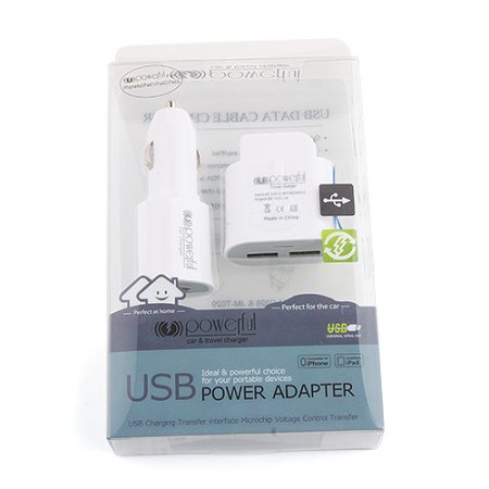 2-in-1 USA Standard Travel Charger Car Charge for iPad iPhone Smartphone -White