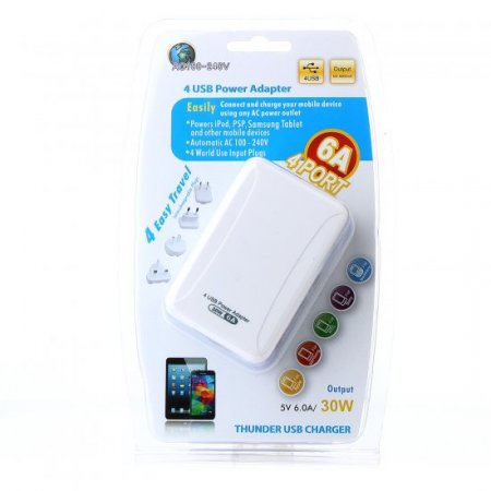 4 USB Power Adapter Easy Travel Adapter AC100-240V 6A 4Port