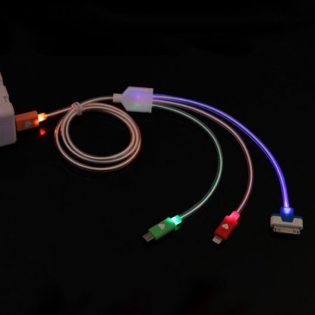 3-in-1 Colorful LED Light USB Charging Date Cable for iPhone iPad