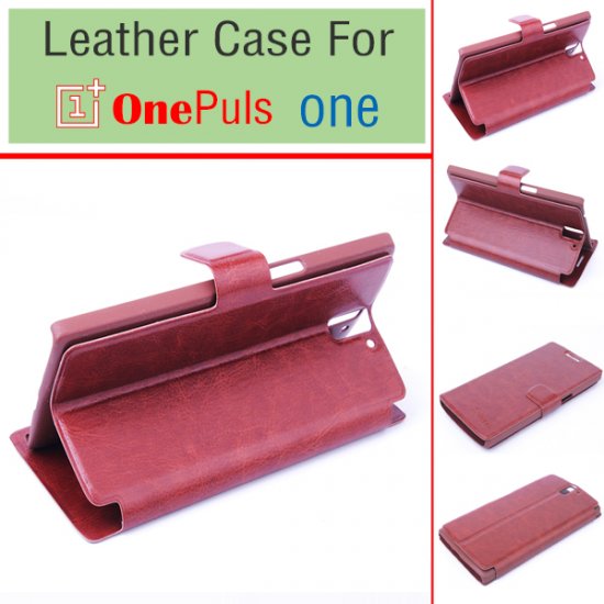 Leather Flip Cover Case Stand for Oneplus One Smartphone Brown
