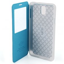 Premium Transparent Window Flip Cover Leather Case for SAM Note 3/N9000 Blue