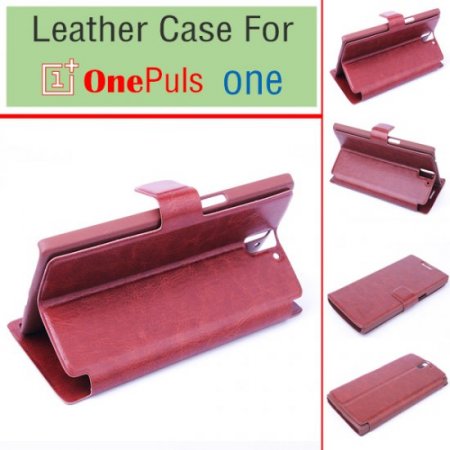Leather Flip Cover Case Stand for Oneplus One Smartphone Brown
