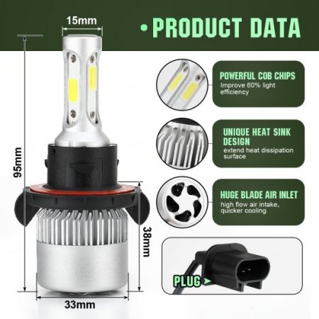 H13 LED Headlight Bulbs,6500K 10000 Lumens Extremely Super Bright 9008 Hi/Lo 30mm Heatsink Base CSP Chips Conversion Kit,Xenon White