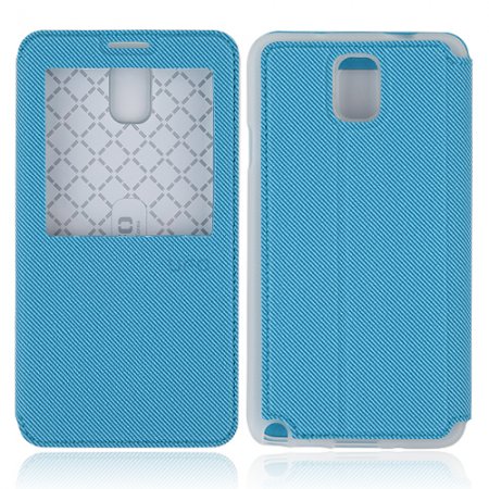 Premium Transparent Window Flip Cover Leather Case for SAM Note 3/N9000 Blue