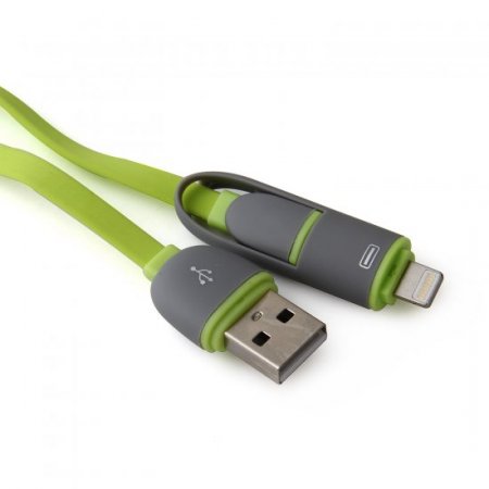 2 in 1 USB Cable Data Transmit and Charging Cable for iPhone & Android Green