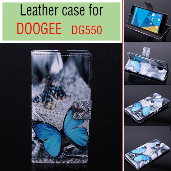 Fashion Painting Blue Butterfly Flip Cover Stand Case For Doogee DG550 Smartphone