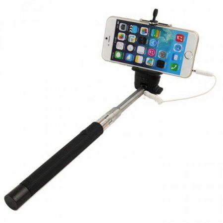MOWTO Z07-5S Cable Take Pole Wired Monopod Selfie Stick + Cell Phone Clip Holder Black