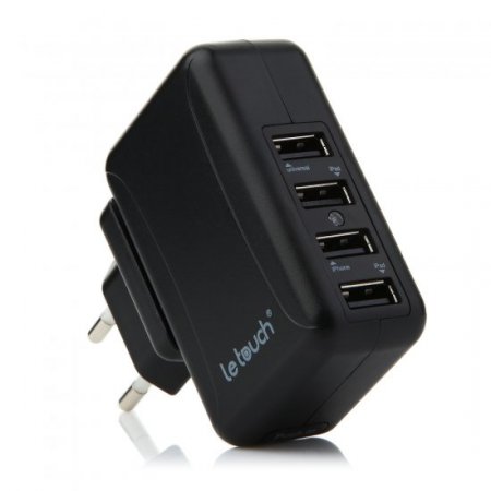 Le touch Power Bin Travel Charger 4 USB Port with Universal AC Plugs EU UK US AU- Black