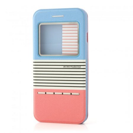 Leather Flip Cover Stand Case for iPhone 6 Blue ＆ Pink