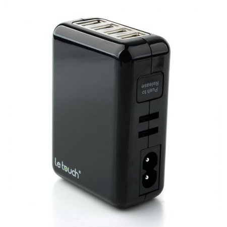 Le touch Power Bin Travel Charger 4 USB Port with Universal AC Plugs EU UK US AU- Black