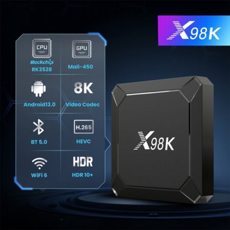 X98K Set Top Box Android 13.0 Rockchip RK3528 WiFi 6 BT5.0 HDK 10+ 8K HEVC 1000M Ethernet Multi-Language Android TVBOX