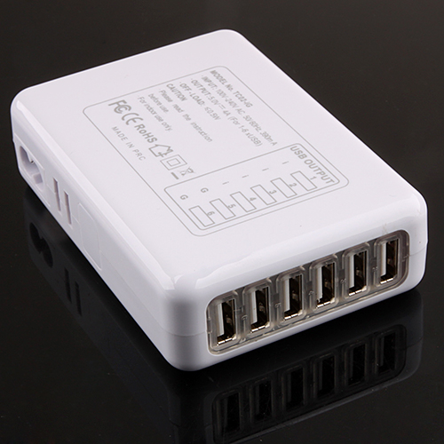 6-USB Travel Charger with Four Plugs White